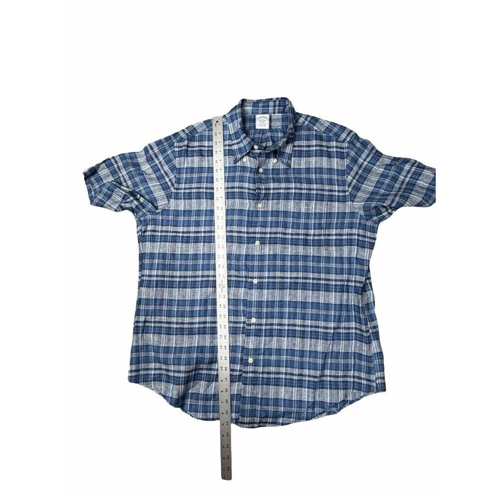 Brooks Brothers Men's XL Linen Plaid Button-Down Shirt Blue Green Brown White - Picture 5 of 8